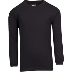 A black long sleeve T-shirt for kids, featuring a simple design and soft fabric. It has a branding logo on the tag.