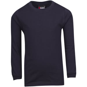 A navy long sleeve T-shirt with a round neckline and fitted sleeves, featuring a logo on the tag.