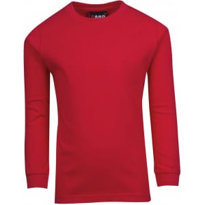 A red kid's long sleeve T-shirt with a round neckline and a brand logo inside the collar.