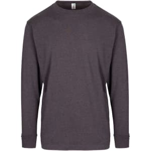 A dark grey men's/unisex long sleeve t-shirt featuring a simple design and a logo on the label.