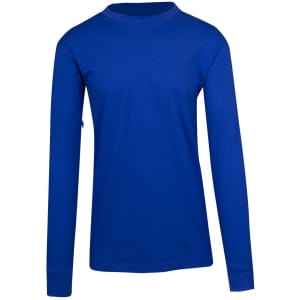 A blue long sleeve T-shirt with a round neck and a logo on the front.