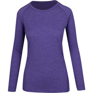 A purple long sleeve T-shirt with a fitted design and a rounded neckline, featuring a logo on the front.