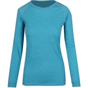 A long sleeve t-shirt in a heather teal colour with a rounded neckline and raglan sleeves. It features a logo.