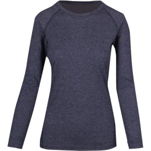 A women's long sleeve T-shirt in heather grey with a round neckline and raglan sleeves. Features a logo.