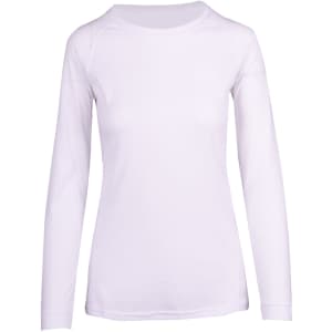 A white long sleeve t-shirt for women with a simple design and a logo.