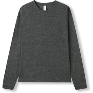 A dark heather grey long sleeve T-shirt with a crew neck and raglan sleeves. It features a branding logo.