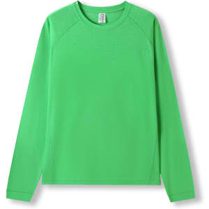A green long sleeve T-shirt with a simple design, featuring a round neckline and a branded logo.