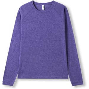 A long-sleeve shirt in heather purple with a crew neck and raglan sleeves, featuring a small logo.