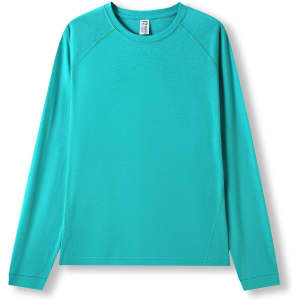 A long sleeve T-shirt in heathered light blue, featuring a rounded neckline and a logo on the front.