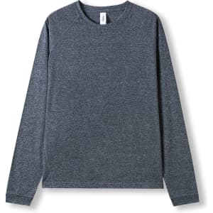 A navy heather long sleeve T-shirt with a round neck and raglan sleeves. It features a logo on the label.