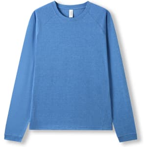 A blue long sleeve t-shirt with a raglan style. It features a logo on the front.