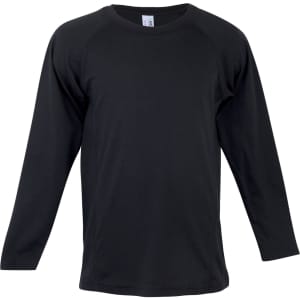 A black long sleeve T-shirt with a fitted design and raglan sleeves. It has a branding logo on the label.