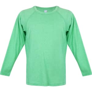 A green long sleeve T-shirt with raglan sleeves and a tag at the neckline. It features a logo on one side.