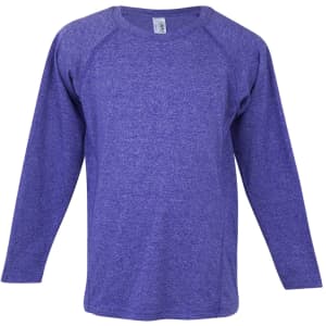 A long sleeve T-shirt in a vibrant purple colour, featuring a round neckline and raglan sleeves. It has a logo.