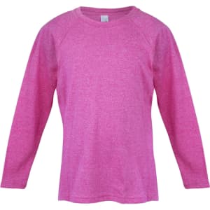 A long sleeve T-shirt in a vibrant pink hue, designed for kids, featuring a raglan style and a logo.