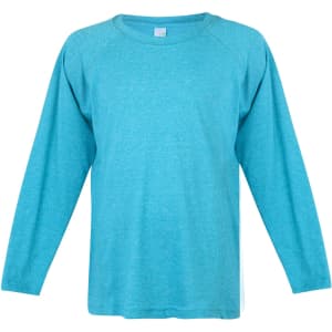 A long sleeve T-shirt in a bright teal colour with a casual fit and a logo on the front.