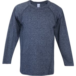 A long sleeve T-shirt in a heathered grey colour, featuring a crew neck and a logo.