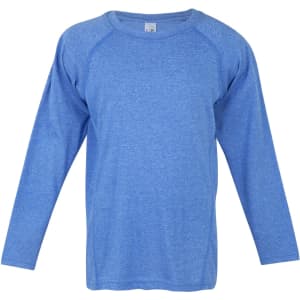 A blue long sleeve T-shirt with a simple design and a logo on the front.