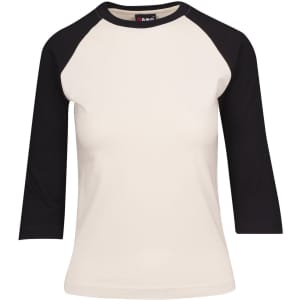 A women's 3/4 sleeve raglan T-shirt in cream with black sleeves, featuring a brand logo.