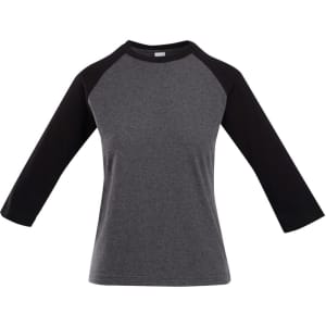 A women's 3/4 sleeve raglan T-shirt in grey with black sleeves, featuring a logo on the chest.
