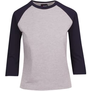 A light grey women's 3/4 sleeve raglan T-shirt with navy blue sleeves and a logo on the neck.