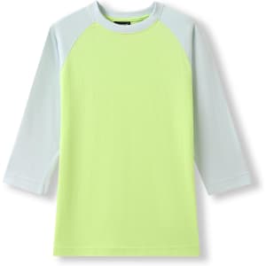 A women's 3/4 sleeve raglan T-shirt featuring a light green body and light blue sleeves, with a logo on the front.