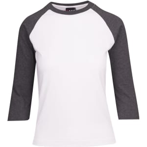 A women's 3/4 sleeve raglan T-shirt in white with grey sleeves, featuring a logo on the upper back.