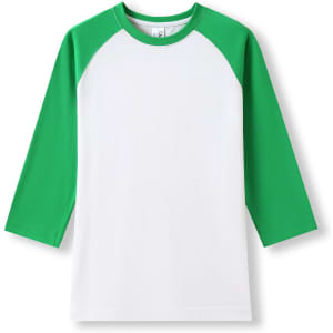 Women's 3/4 sleeve raglan t-shirt in green and white, featuring a comfortable fit and a branding logo.