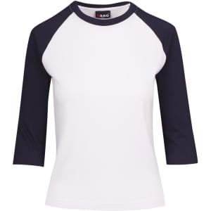 A women's 3/4 sleeve raglan T-shirt in white with navy sleeves, featuring a logo on the tag.
