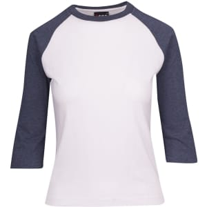 A Women's 3/4 Sleeve Raglan T-shirt featuring white body and navy blue sleeves, with a logo on the neckline.