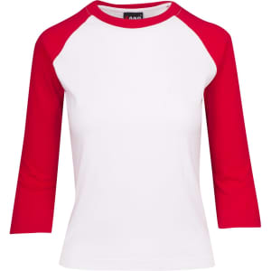 A women's 3/4 sleeve raglan T-shirt featuring white body and red sleeves. Includes a logo on the neckline.