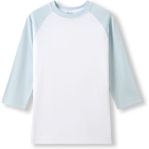 A women's 3/4 sleeve raglan T-shirt in white with light blue sleeves. It has a logo on the front.