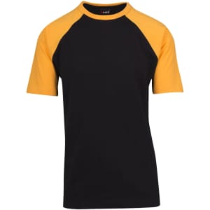 A unisex raglan sleeve tee featuring a black body and yellow sleeves. The design includes a logo on the label.