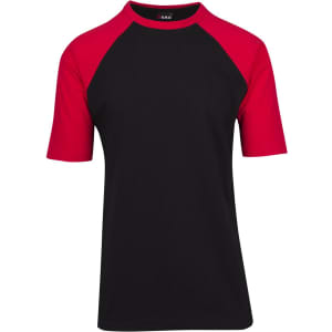 A men's/unisex raglan sleeve tee featuring a black body and red sleeves. Includes a logo on the label.