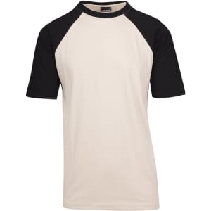 A unisex raglan sleeve tee with a cream body and black sleeves, featuring a logo on the collar.