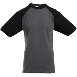 A grey and black raglan sleeve tee with short sleeves and a logo. Suitable for men and unisex.