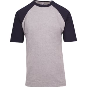 Men's unisex raglan sleeve tee with grey body and navy sleeves, featuring a logo on the chest.