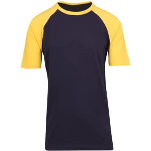 A navy and yellow raglan sleeve tee. The shirt features short sleeves and a simple design with a logo.