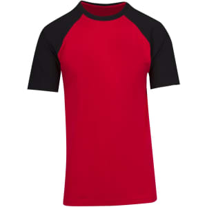 Men's unisex raglan sleeve tee in red with black sleeves, featuring a logo on the front.