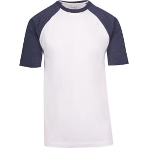 A white T-shirt with navy raglan sleeves. The shirt has a logo on it.