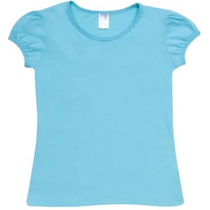 A light blue short puff sleeve t-shirt with a round neckline and a plain design, featuring a logo.