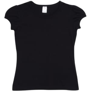 A black short puff sleeve t-shirt with a fitted silhouette and a label inside the neckline.