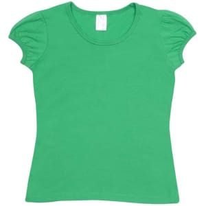 A green short puff sleeve t-shirt with a round neckline and a plain design, featuring a tag inside.