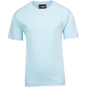 A light blue kid's regular T-shirt with short sleeves and a branded label on the neck.