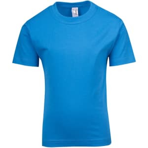 A blue kid's regular T-shirt with short sleeves and a round neckline, featuring a brand label inside.