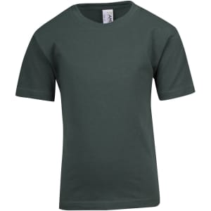 A green kid's regular T-shirt with short sleeves and a plain design, featuring a logo label on the neckline.