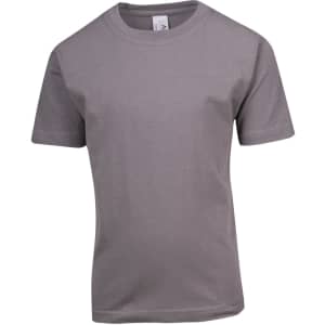 A grey kid's regular T-shirt with short sleeves and a round neckline. It features a logo on the label.