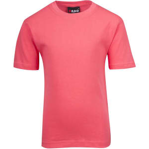 A pink kid's regular T-shirt with short sleeves and a round neck, featuring a label.
