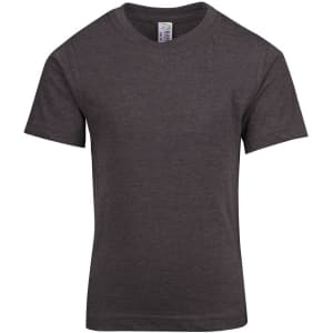 A dark grey kid's regular T-shirt with short sleeves and a classic round neckline. It features a label inside.