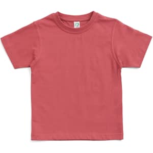 A pink kid's regular T-shirt with short sleeves and a label at the neckline.